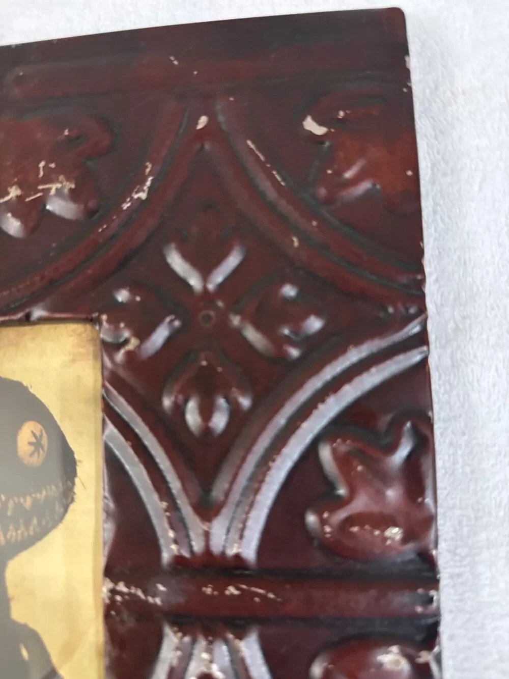 Vintage Embossed Tin Photo Frame With Gothic Motif And Creepy Doll Artwork